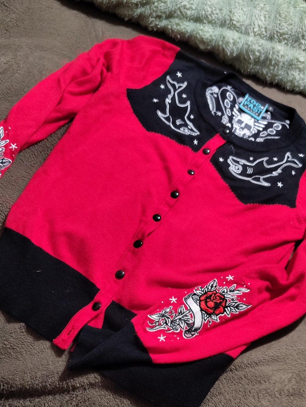 Rockabilly Red & Black Embroidered Cardigan Sweater